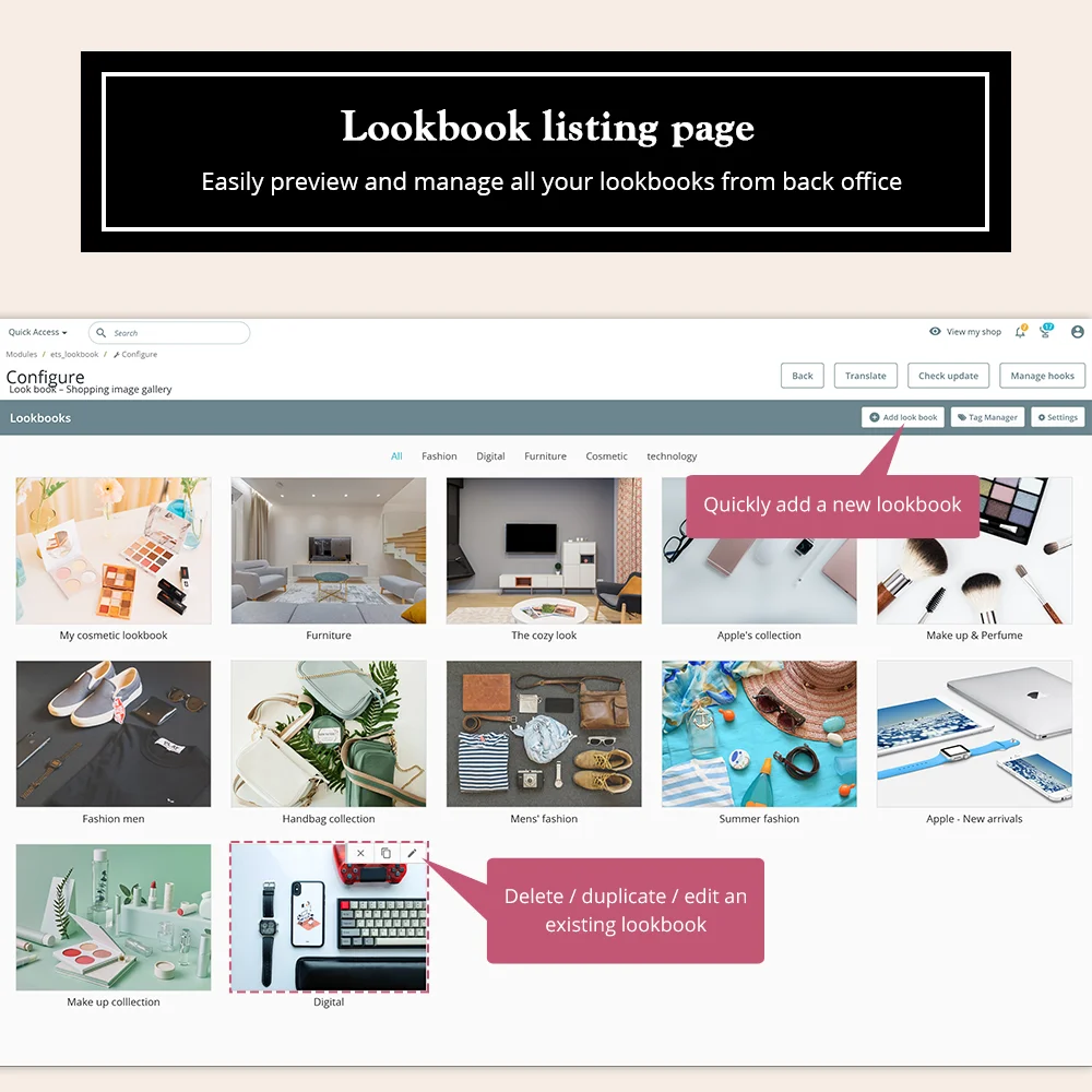 Preview and manage all lookbooks easily with PrestaShop product collection showcase module Preview and manage all lookbooks easily with PrestaShop product collection showcase module