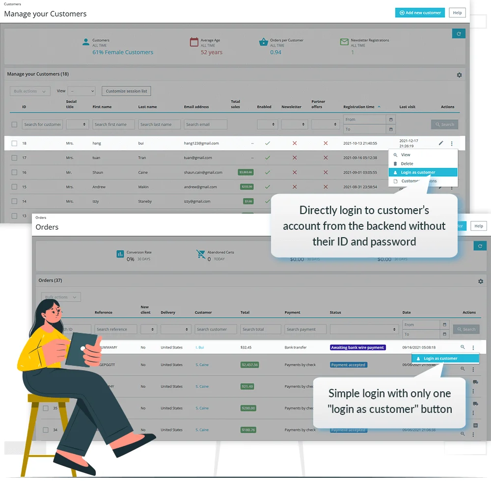 Directly log in to customer's account from backend Directly log in to customer's account from backend