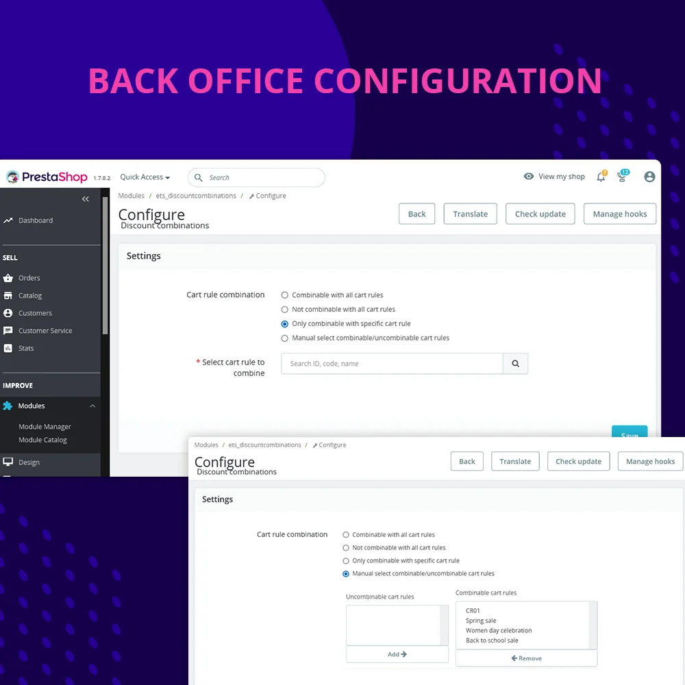 PrestaShop discount combination module's configuration