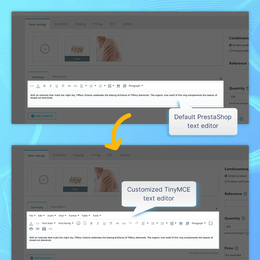 Comparison between using/not using PrestaShop TinyMCE module