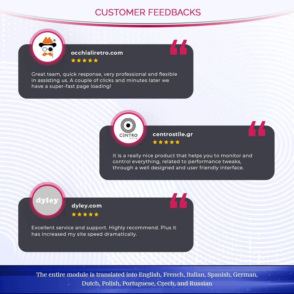 Customers' feedback about our PrestaShop page cache module Customers' feedback about our PrestaShop page cache module