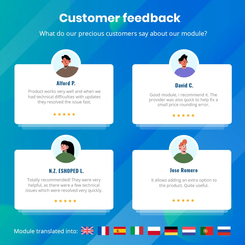 Customers' feedback about our PrestaShop product customization module Customers' feedback about our PrestaShop product customization module