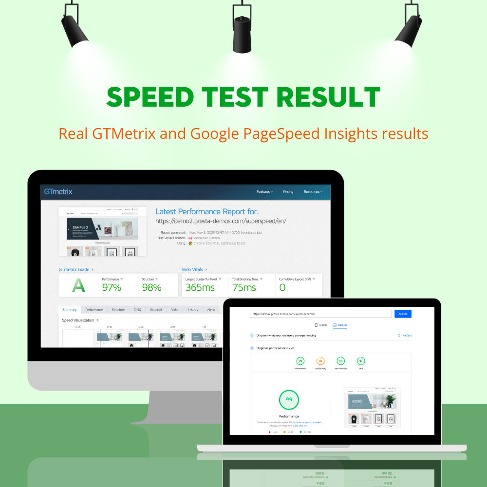 Real GTMetrix and Google PageSpeed Insights results