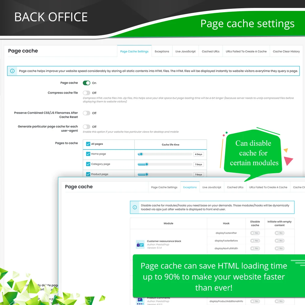 PrestaShop page cache settings