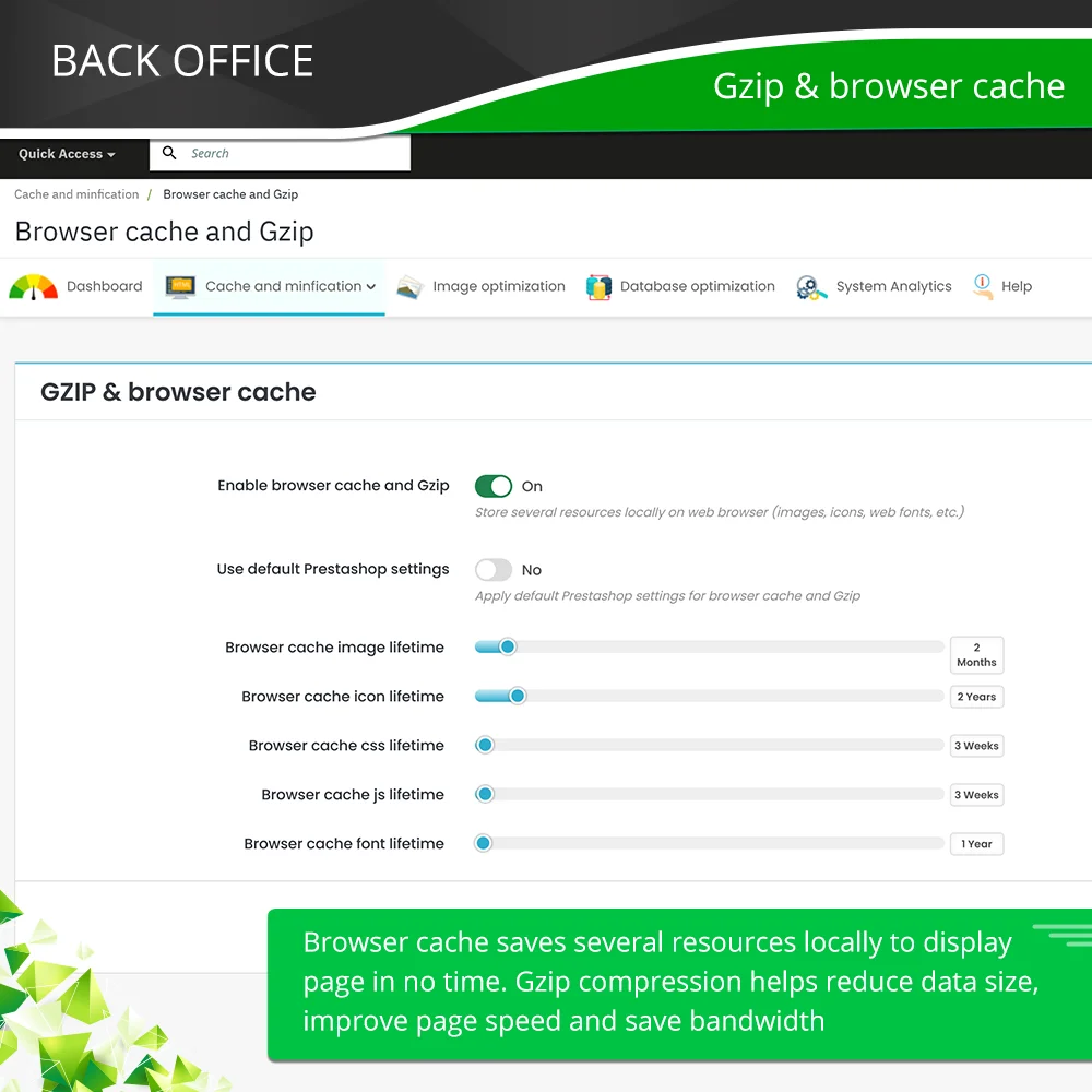 Introduce PrestaShop optimization module's feature: GZIP & browser cache