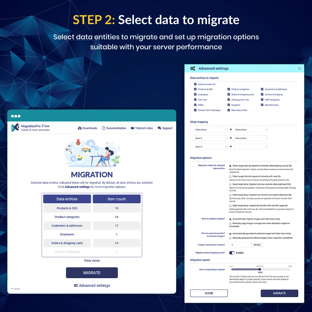 The second step to migrate a PrestaShop website: select data to migrate