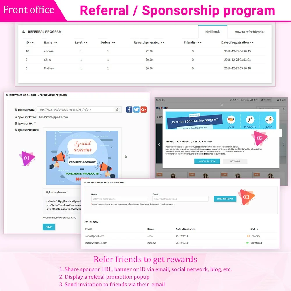 Referral/sponsorship program displayed on the frontend Referral/sponsorship program displayed on the frontend