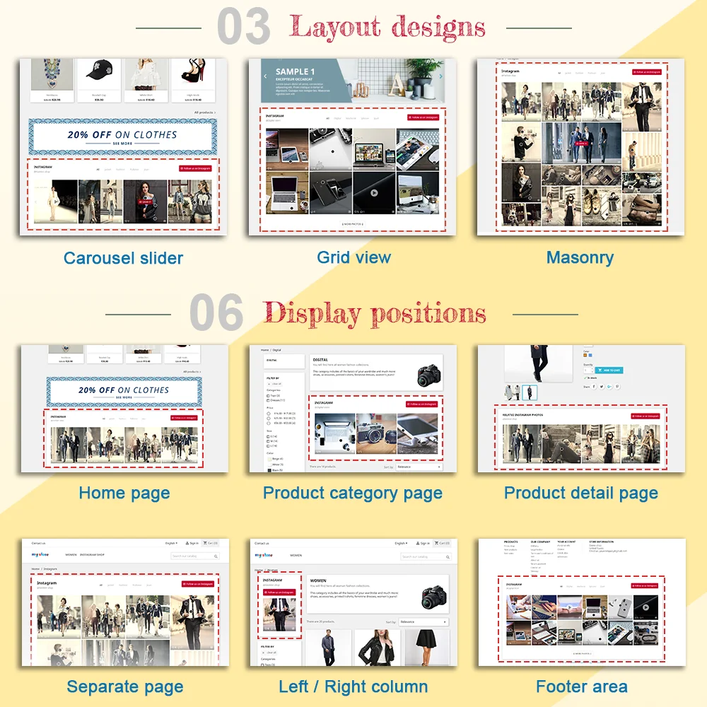 PrestaShop Instagram feed module supports 3 layout designs and 6 display positions PrestaShop Instagram feed module supports 3 layout designs and 6 display positions