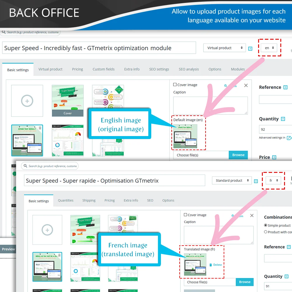 Multi-language Product Image module allows to upload product images for each language available on the website