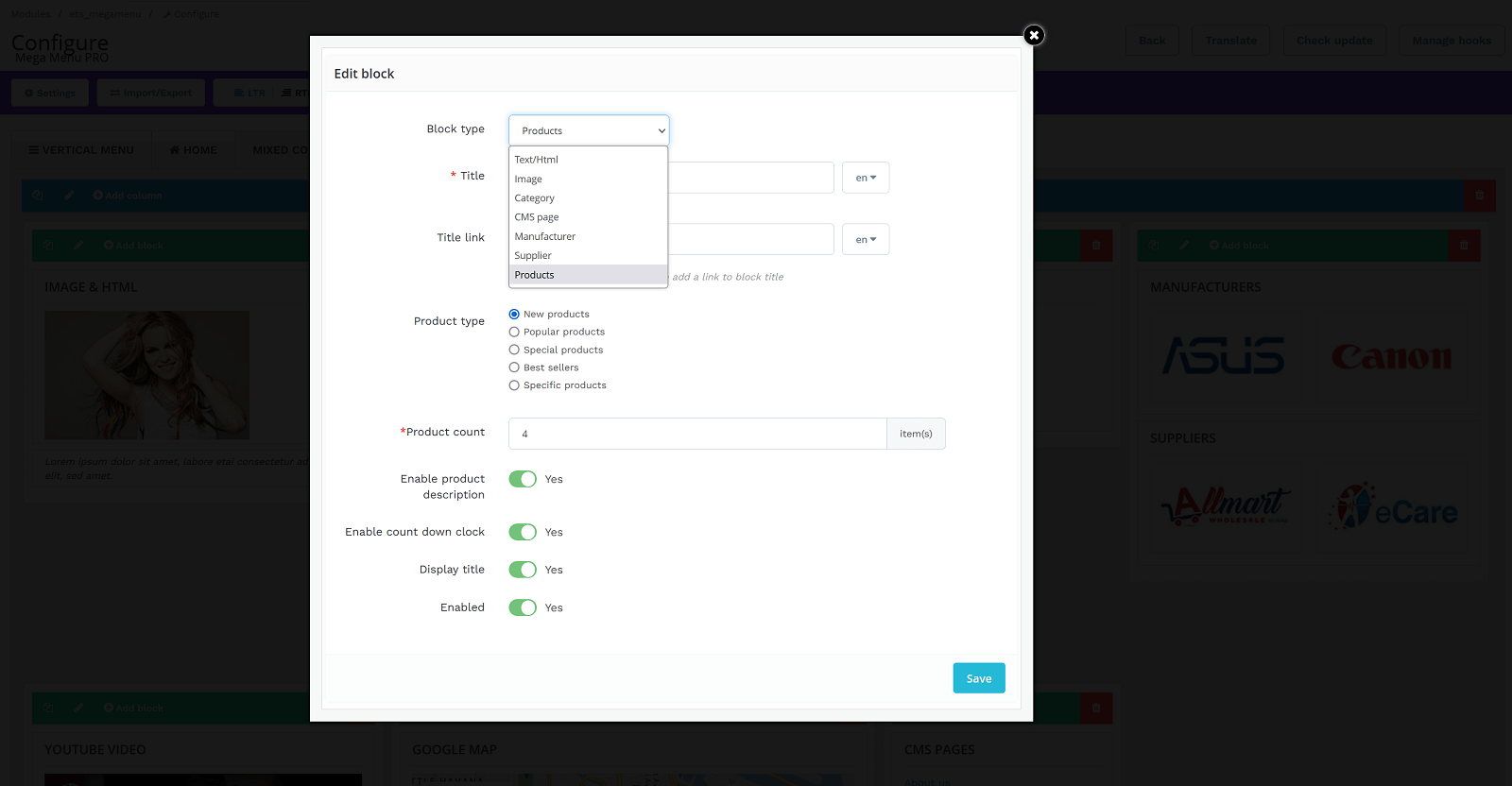 popup allow user to select mega menu content type