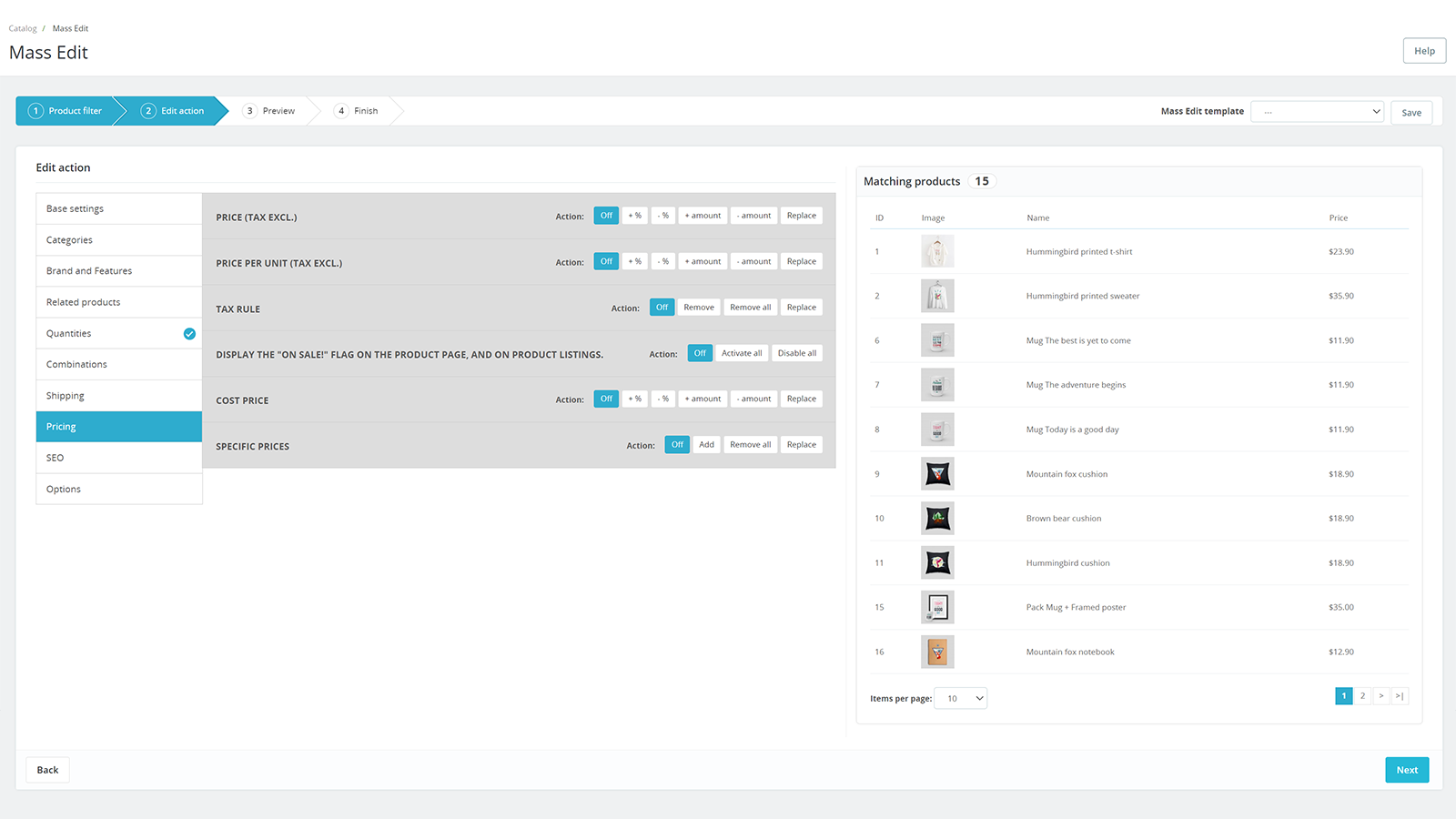 A screenshot of Product Manager module, display the mass edit feature