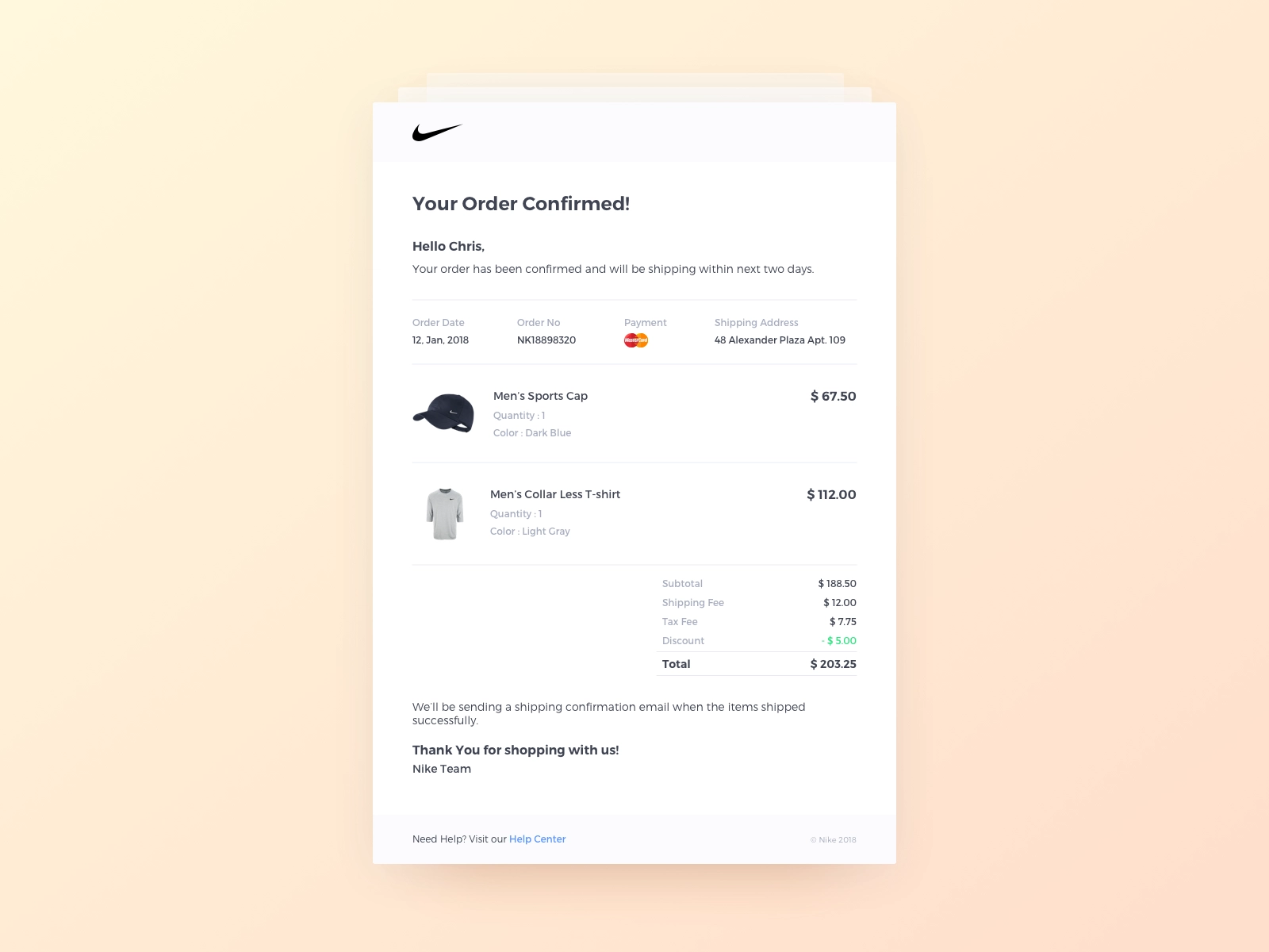 An order confirmation email template
