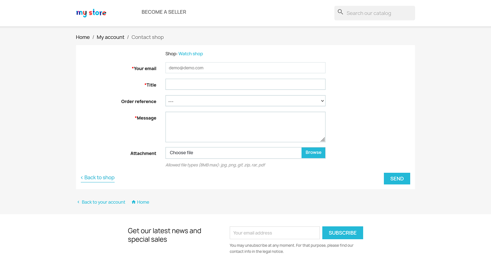 Contact form for seller shop on Marketplace Builder demo