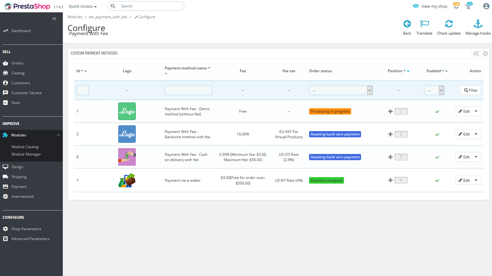 Screenshot showcasing the configuration options of Payment With Fee in PrestaShop