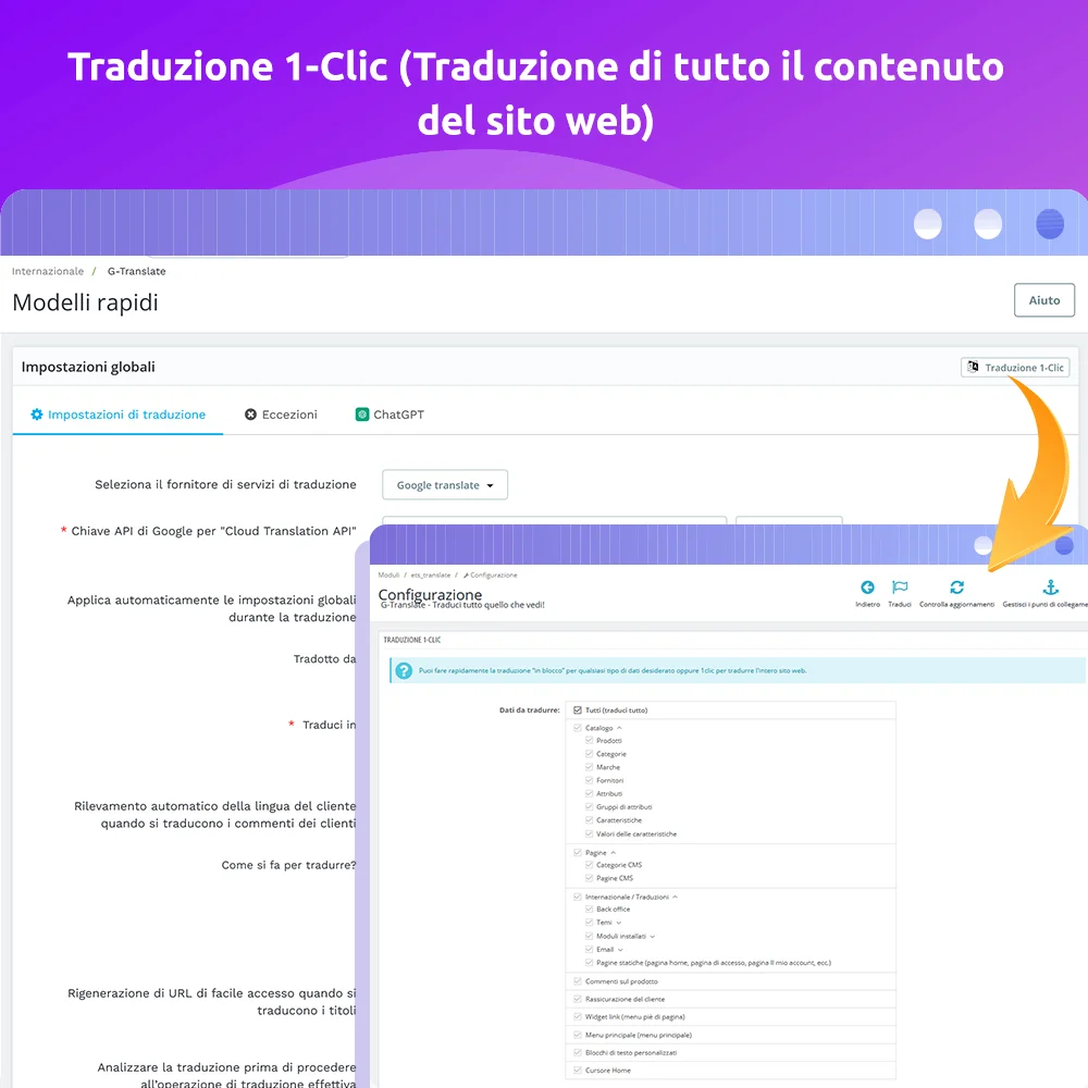 Traduzione in 1 clic (traduci tutti i contenuti del sito web)