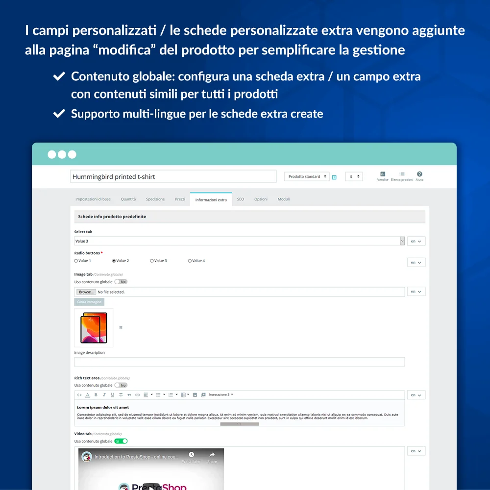 Esempio di aggiunta di campi personalizzati/schede aggiuntive alla pagina di modifica del prodotto