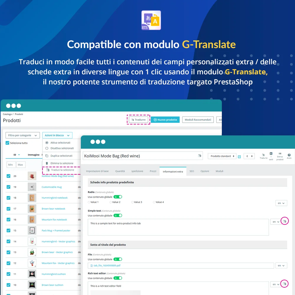 Il modulo di personalizzazione dei prodotti di PrestaShop è compatibile con il modulo G-Translate