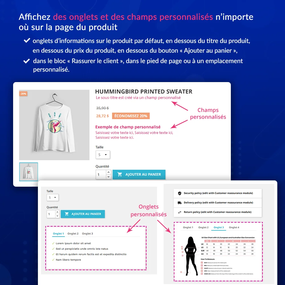 Afficher des champs personnalisés/onglets n'importe où sur la page produit