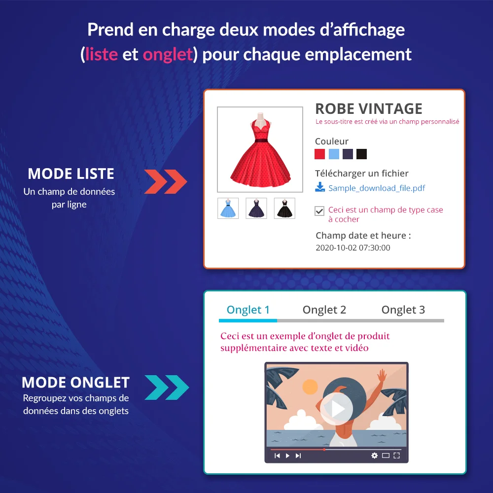Le module de personnalisation de produits PrestaShop prend en charge 2 modes d'affichage (liste et onglet)