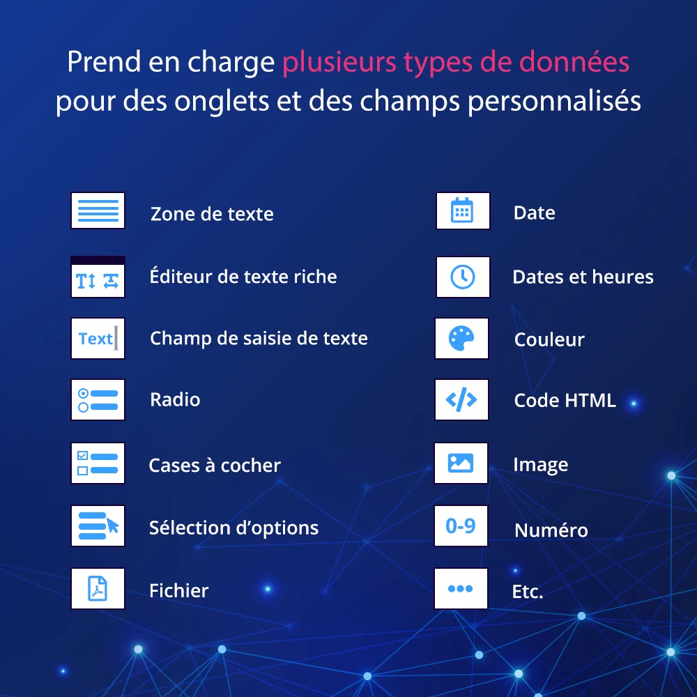 Le module de champs personnalisés PrestaShop prend en charge plusieurs types de données pour les champs personnalisés/onglets