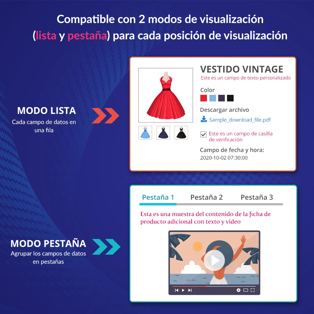 El módulo de personalización de productos de PrestaShop admite 2 modos de visualización (lista y pestaña) El módulo de personalización de productos de PrestaShop admite 2 modos de visualización (lista y pestaña)