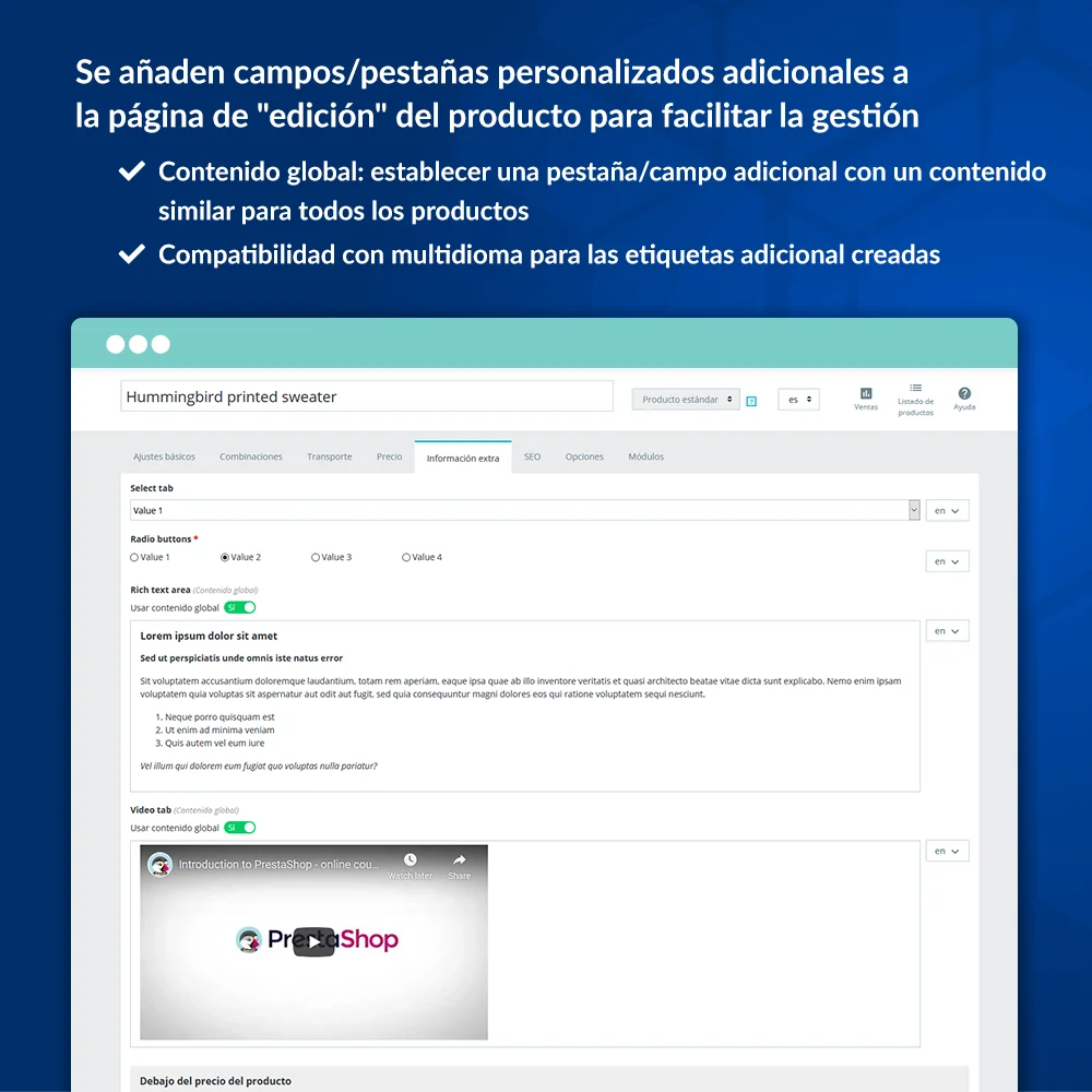 Ejemplo de cómo agregar campos personalizados/pestañas adicionales a la página de edición del producto