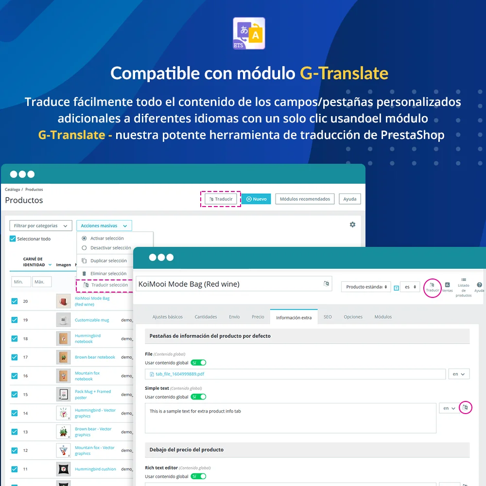 El módulo de personalización de productos de PrestaShop es compatible con el módulo G-Translate
