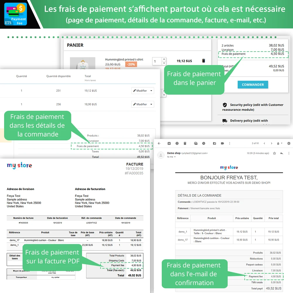Les frais de paiement sont affichés sur toutes les zones pertinentes