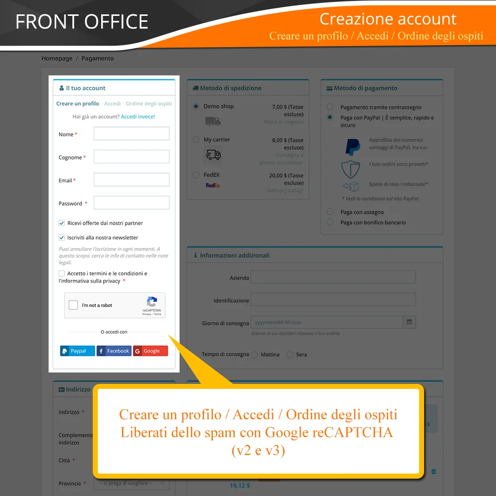 Presentazione del modulo di checkout in una pagina di PrestaShop