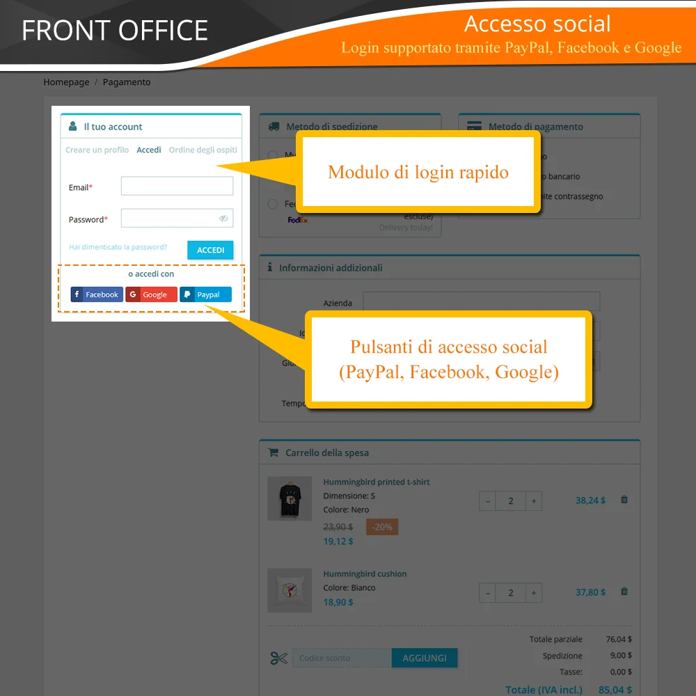 Presentazione del modulo di checkout in una pagina di PrestaShop