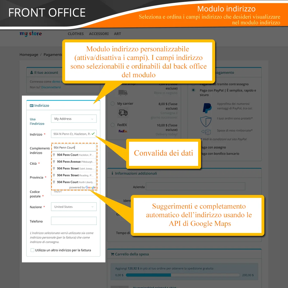 Presentazione del modulo di checkout in una pagina di PrestaShop