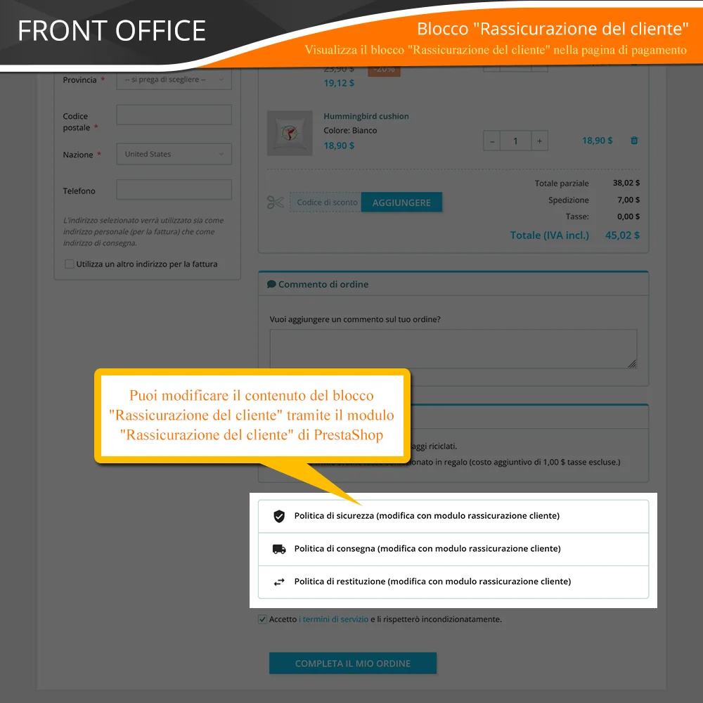 Presentazione del modulo di checkout in una pagina di PrestaShop