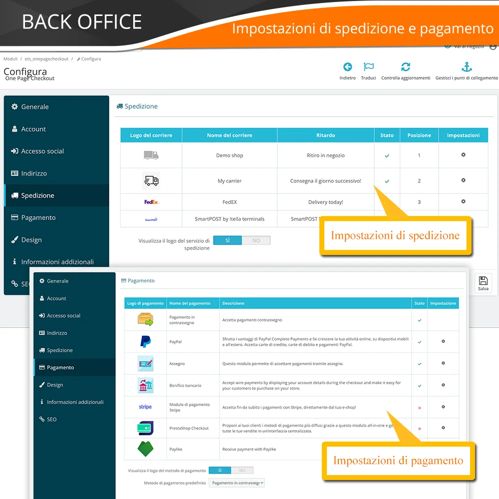 Presentazione del modulo di checkout in una pagina di PrestaShop