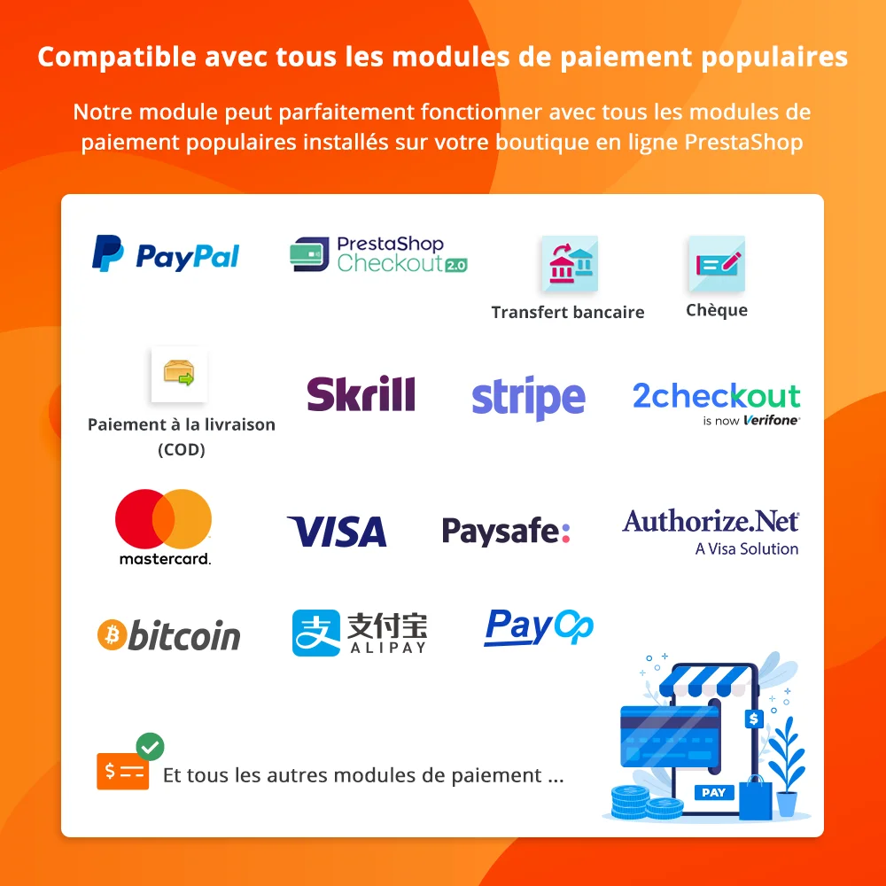 Notre module de paiement en une seule page PrestaShop est compatible avec tous les modules de paiement populaires Notre module de paiement en une seule page PrestaShop est compatible avec tous les modules de paiement populaires