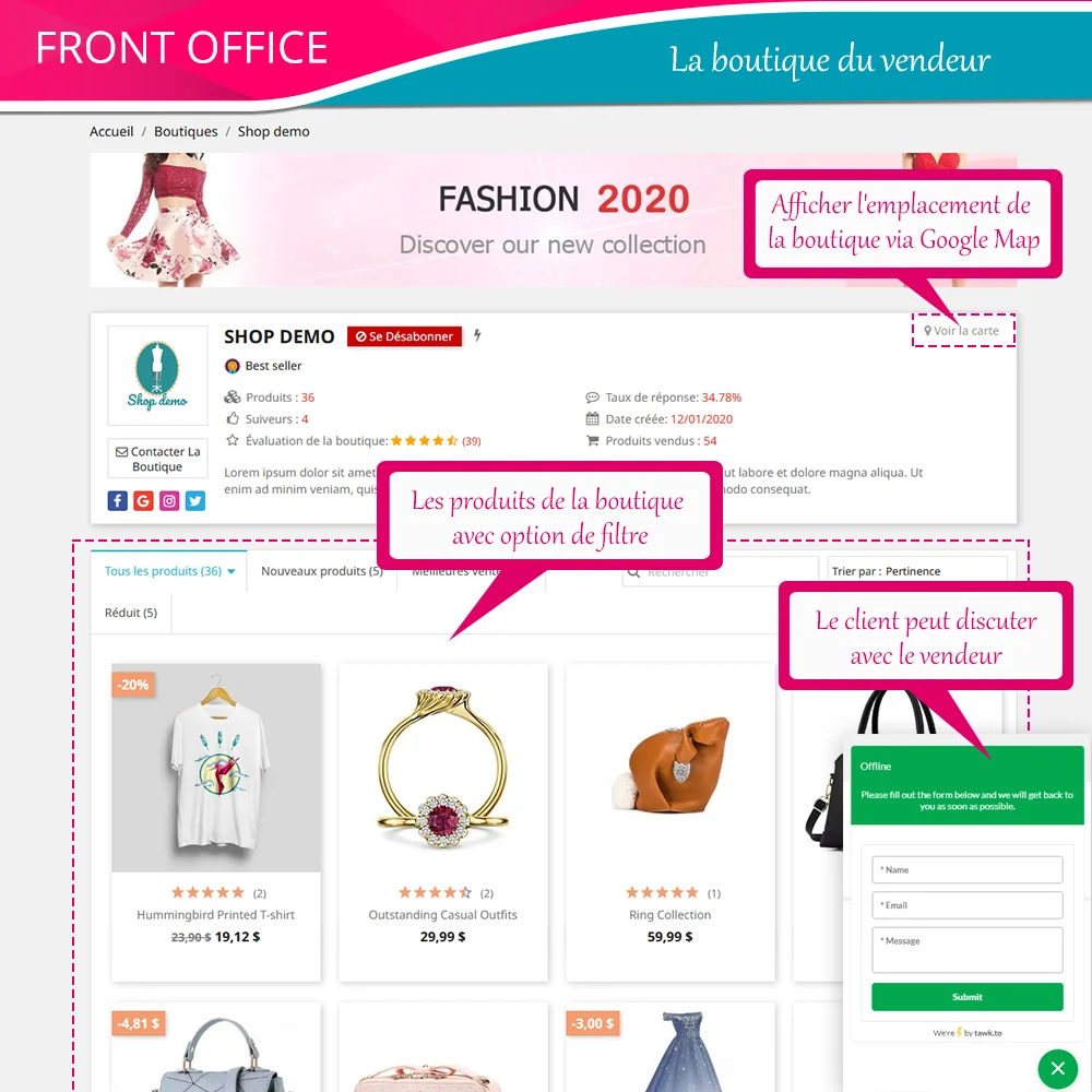 Page de la boutique du vendeur sur le frontend