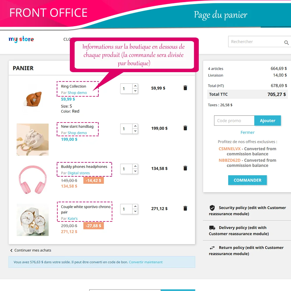 Page du panier sur le frontend