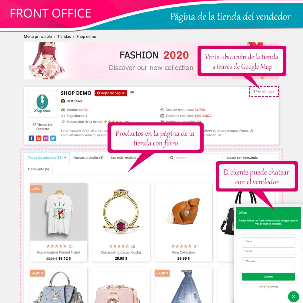 Página de la tienda del vendedor en el frontend