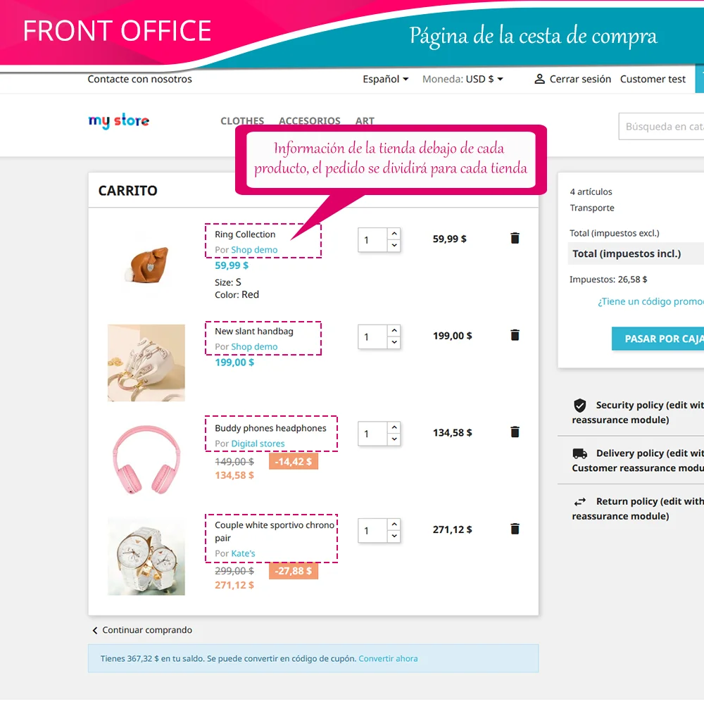 Página del carrito de compras en el frontend
