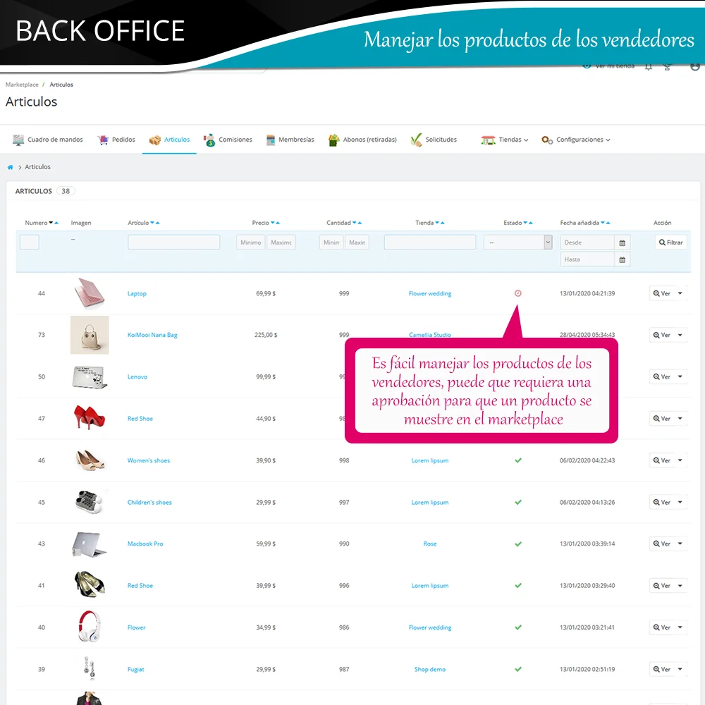 Administrar productos de los vendedores