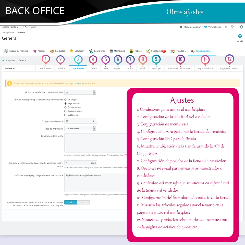 Otros ajustes del módulo de marketplace PrestaShop