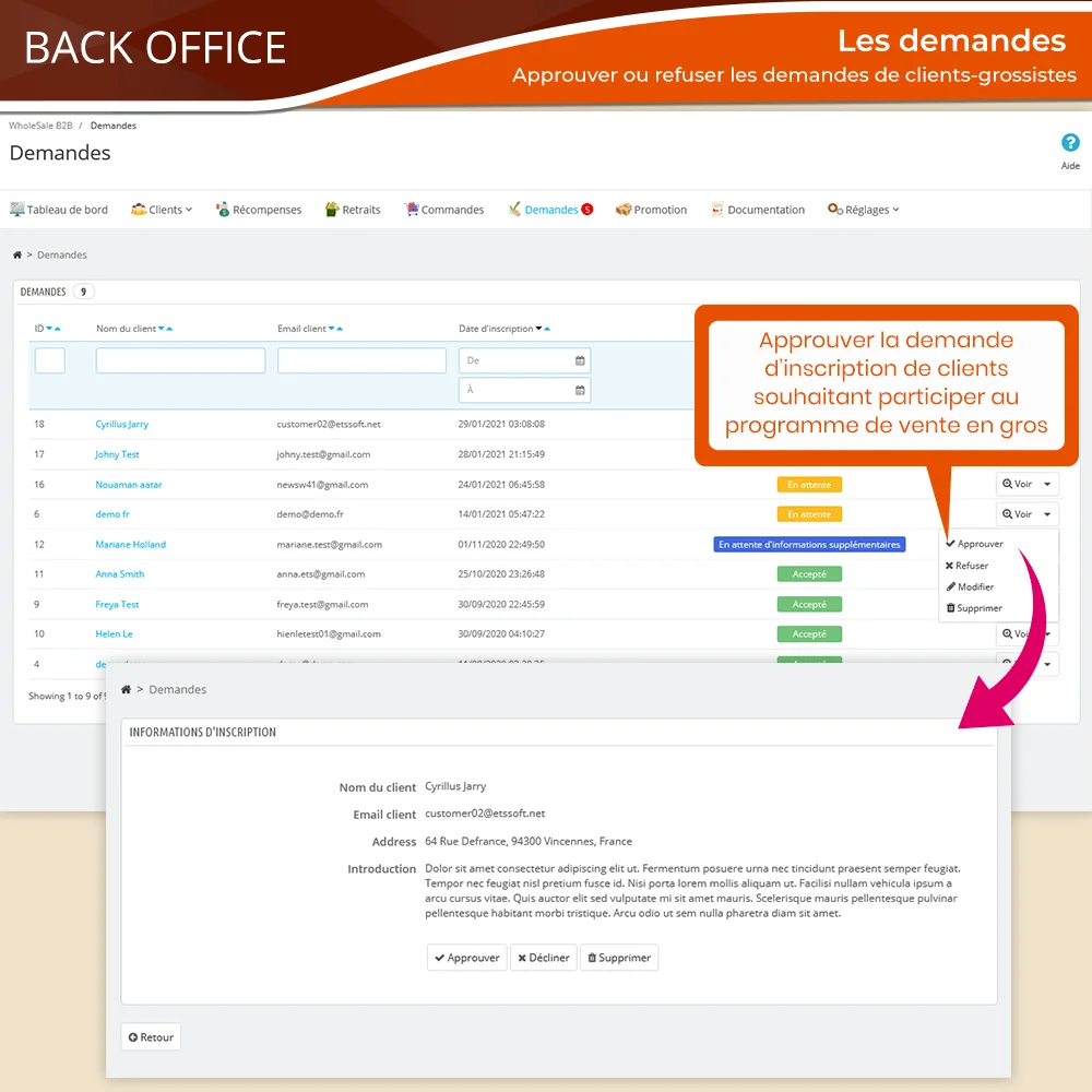 Présentation de l'onglet "Demandes" dans le module de vente en gros PrestaShop
