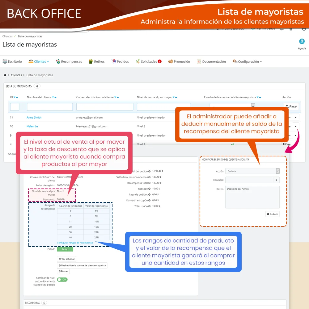 Lista de mayoristas en el módulo de venta al por mayor PrestaShop para gestionar la información de los clientes mayoristas