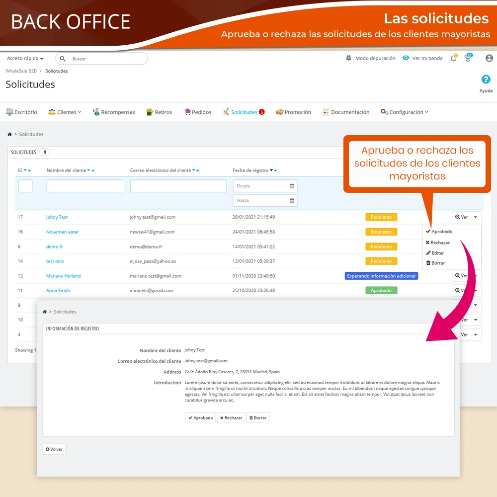 Presentación de la pestaña "Solicitudes" en el módulo de venta al por mayor PrestaShop
