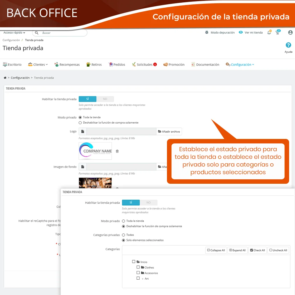 Configuraciones de la tienda privada