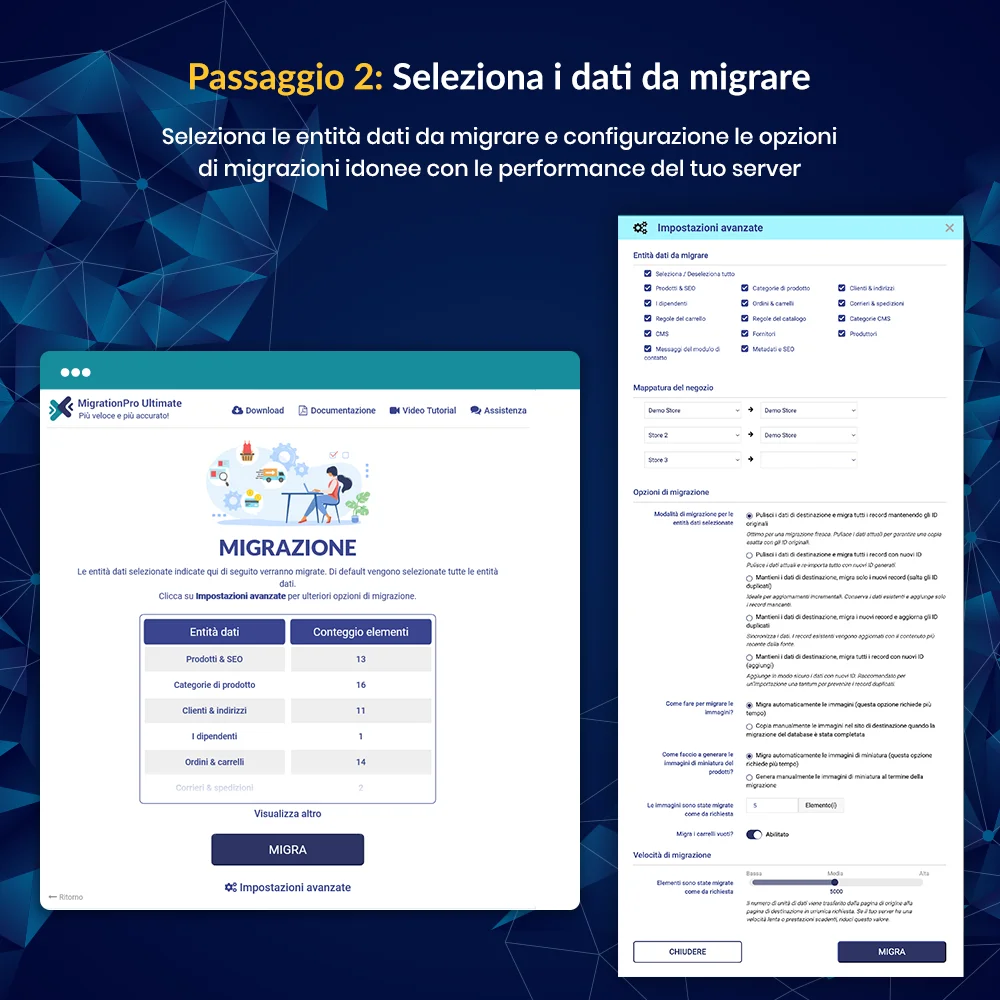 Il secondo passo per migrare un sito web PrestaShop: selezionare i dati da migrare