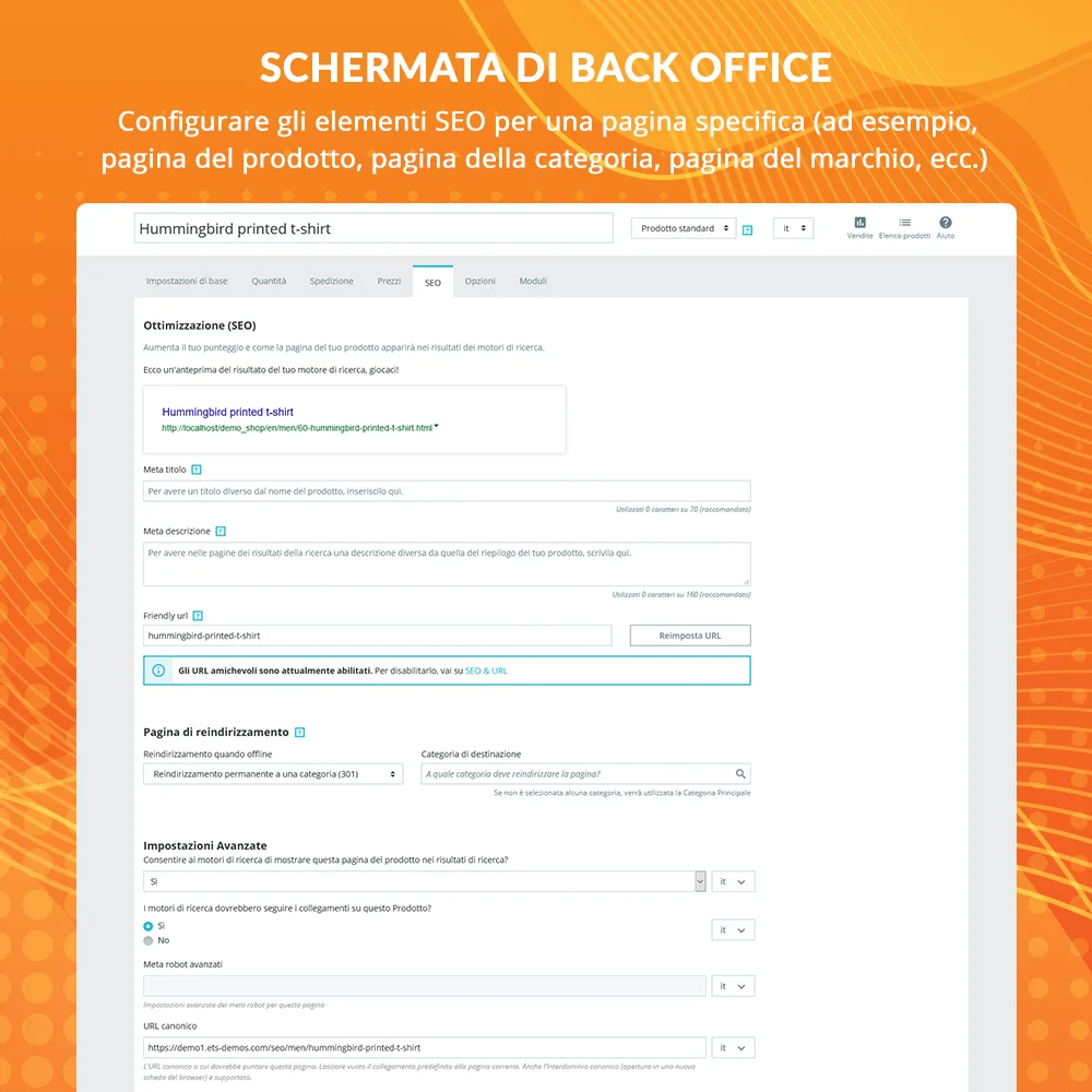 Configurazione degli elementi SEO per una pagina specifica