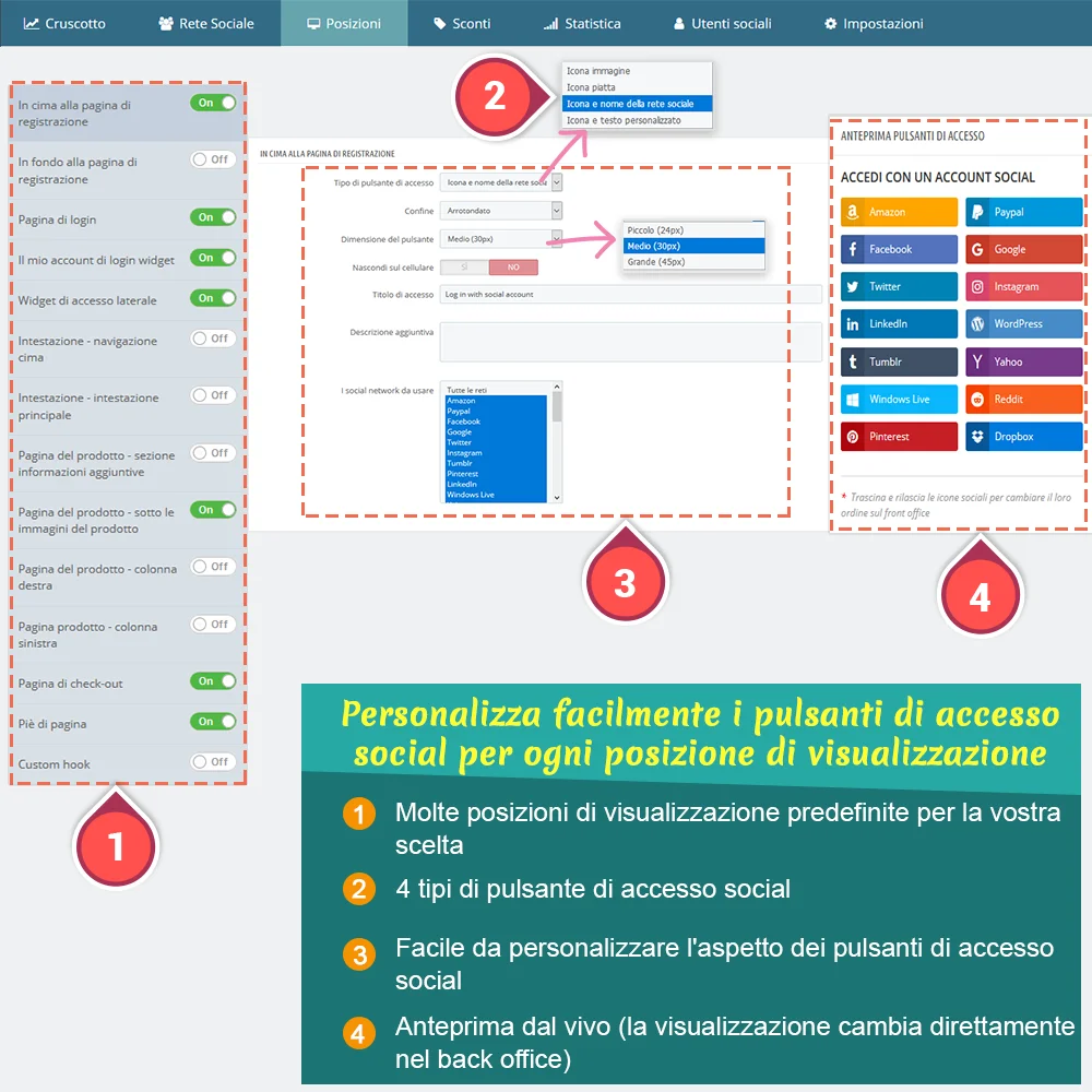 Personalizza i pulsanti di accesso tramite social per ogni posizione di visualizzazione