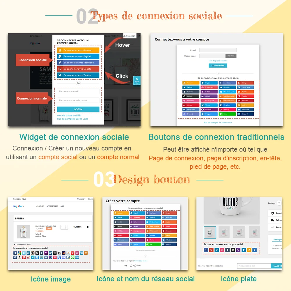 Prise en charge de 2 types de connexions sociales et 3 designs de boutons Prise en charge de 2 types de connexions sociales et 3 designs de boutons