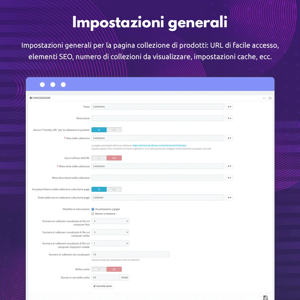 Impostazioni generali del modulo di collezione prodotti PrestaShop