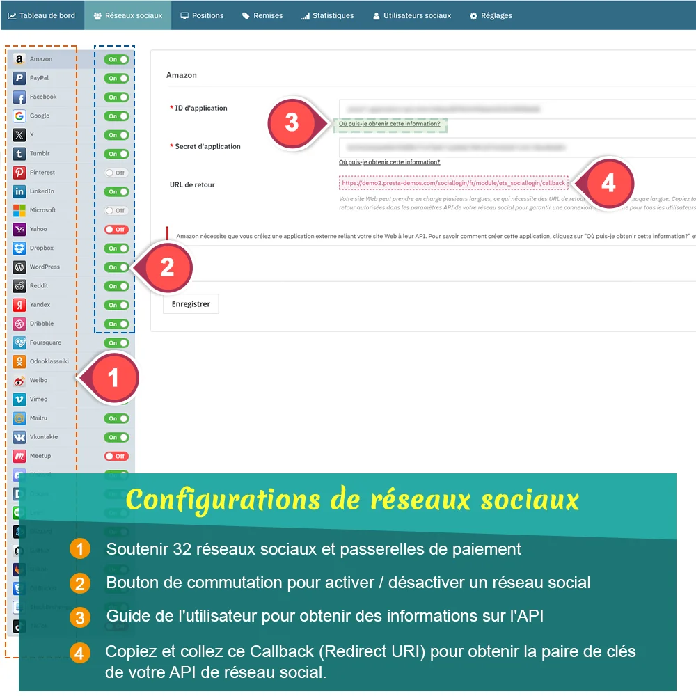 Le module de connexion sociale PrestaShop prend en charge plus de 32 réseaux sociaux